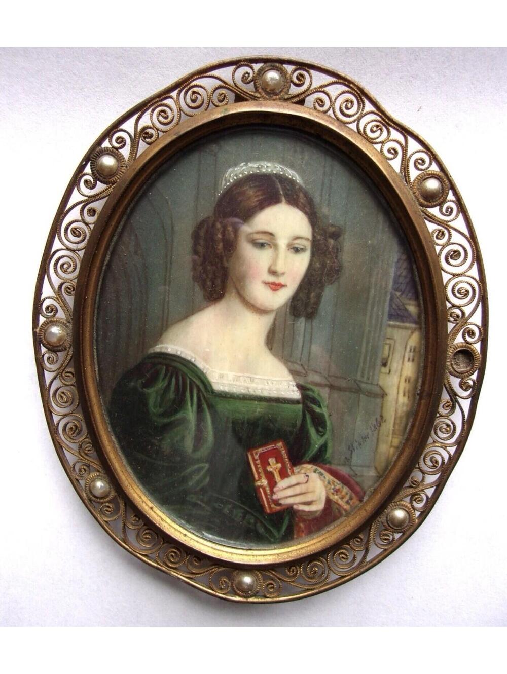Signed Antique Miniature Portrait of Anna Hillmayer